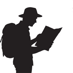 A silhouette of traveler looking at map, exploration moment, black on white