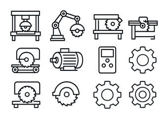Industrial Cutting Icons. Outline vector icons of industrial cutting machines: CNC saw, hydraulic arm, panel