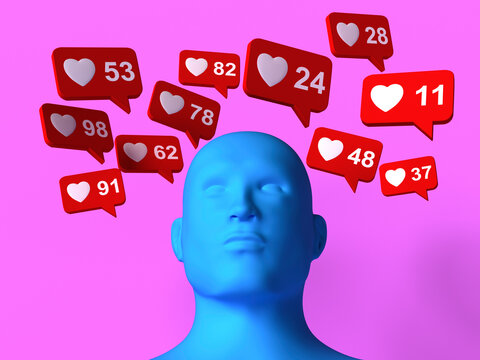 3d rendering of social media like notifications and confused user