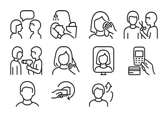Hairstyling Icon Sequence. Outline vector icons of hairstyling session flow: consultation icon, wash station,