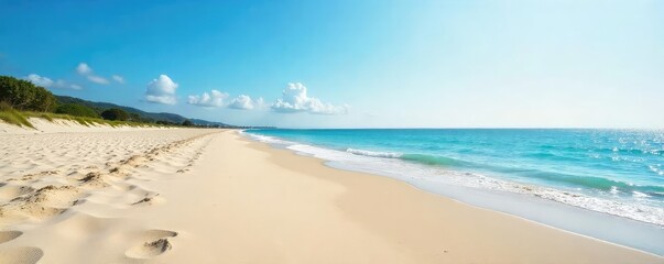 Obraz premium Serene coastal scene featuring an empty, expansive sandy beach stretching to a calm ocean horizon under a clear sky Perfect for travel, vacation, or relaxation themes , coastal scene, waves, water