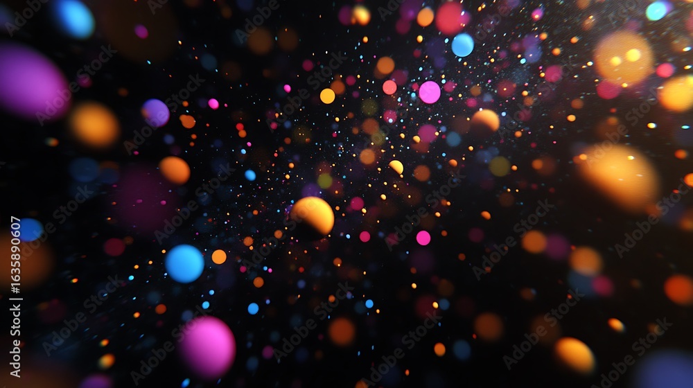 Poster bright, vibrant bokeh circles scattered across a dark backdrop, creating a sense of depth