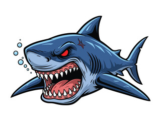 Enraged Shark: A menacing shark illustration with sharp teeth, a furious expression, and bubbles, representing danger, aggression, and marine life. 