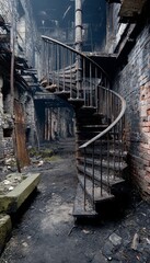 Mysterious Urban Ruins Dark Circular Staircase in Abandoned Brick Building, Post-Apocalyptic Vibes