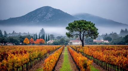 Fototapeta premium Autumn vineyard landscape with fog-shrouded mountain
