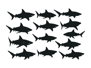 Silhouette Sharks: A captivating monochrome composition featuring a school of sharks, depicted in elegant black silhouettes, creating a sense of mystery and marine life.