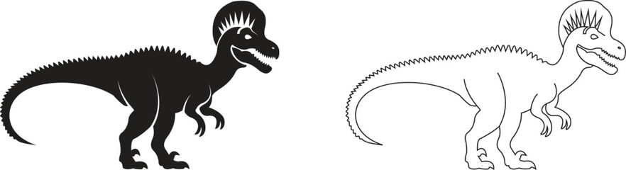 Dinosaur icon set, black vector collection of prehistoric reptile group in flat and line style T-Rex raptor cartoon dino ancient animal silhouette and outline fossil isolated on transparent background © WaQar