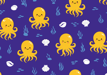 Fototapeta premium Charming yellow octopuses and seashells on deep blue ocean pattern