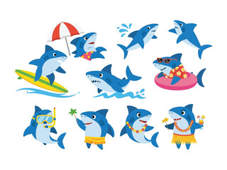 Shark Cartoon Characters Enjoying Summer: These adorable cartoon sharks embrace the joys of summer, showcasing their playful antics. With each scene.