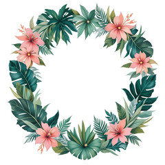 Obraz premium Tropical Floral Wreath with Pink Hibiscus and Green Leaves on Transparent Background for Design Projects
