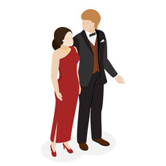 Couple wearing evening formal wear to celebrate event, party, wedding. Happy men and women in gorgeous clothes. Vector illustration in isometric style without face.