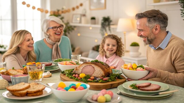 Multigenerational family joyfully celebrating Easter dinner together at home with laughter and love