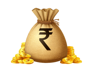 Classic Burlap Rupee Sack with Gold Coins Piled Around – Front View Illustration PNG