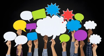 Diverse group of people holding colorful speech bubbles and thought clouds against a dark...