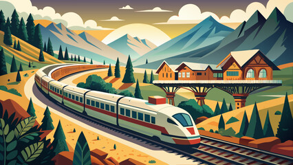 A sleek train travels through a vibrant mountainous landscape at sunset, showcasing natural beauty and modern transportation.