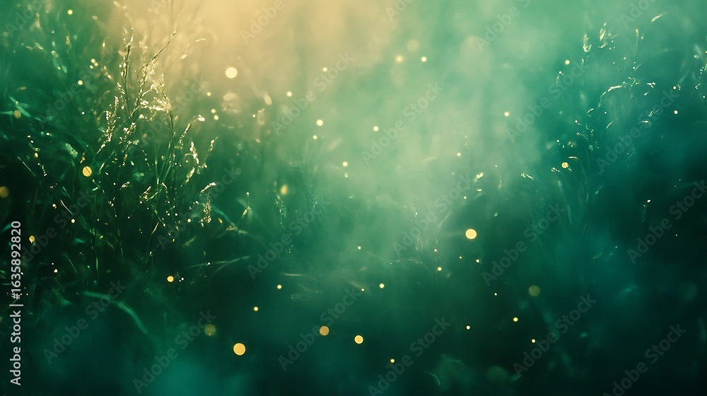 Poster ethereal bokeh lights floating softly in a gradient of green and teal hues, offering a calming feel