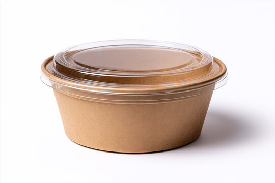 Empty logo carton bowl with transparent plastic lid isolated on white background, Craft paper bowl with plastic cover for take away delivery food.