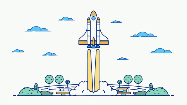 A colorful rocket launching from a cartoonish landscape, symbolizing adventure and exploration.