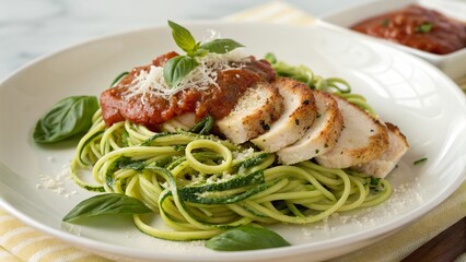 Enjoying a delightful plate of italian inspired zoodles with succulent chicken and fresh basil in a cozy kitchen setting