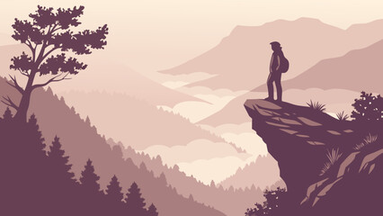 A solitary male hiker stands on a cliff, gazing at the misty mountain landscape, evoking a sense of adventure and tranquility.