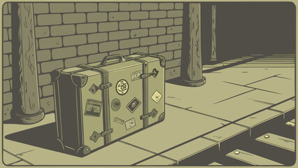 A vintage suitcase sits alone on cobblestone pavement, evoking a sense of nostalgia and adventure.
