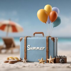 Blue Suitcase with Summer Text Balloons Flip Flops Starfish and Camera on Beach