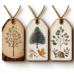 Detailed handmade wooden tags featuring botanical designs, perfect for gifts or decoration in a cozy setting