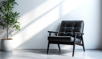 Minimalist black leather armchair placed beside a potted plant in a bright white room, showcasing a sleek and modern interior design concept with clean lines and natural accents