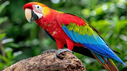 Fototapeta premium Scarlet Macaw perched on wood, lush green background, wildlife photography, nature