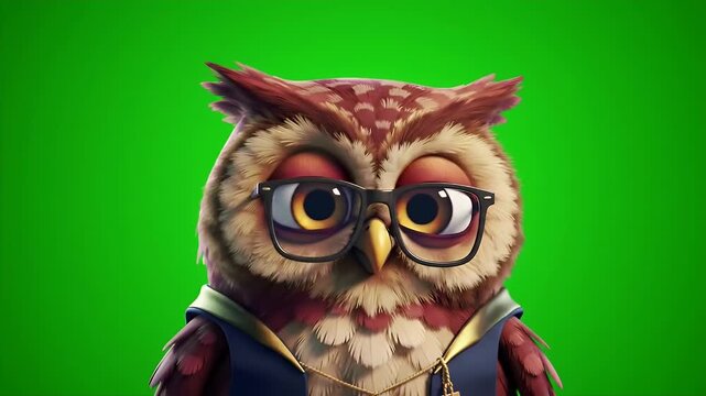 Animated Cartoon of Brown Feathered Owl Wearing Black Glasses and Blue Vest Isolated by Green Screen Background Character Design Animal Mascot Illustration Stock Footage and 3D Renderings