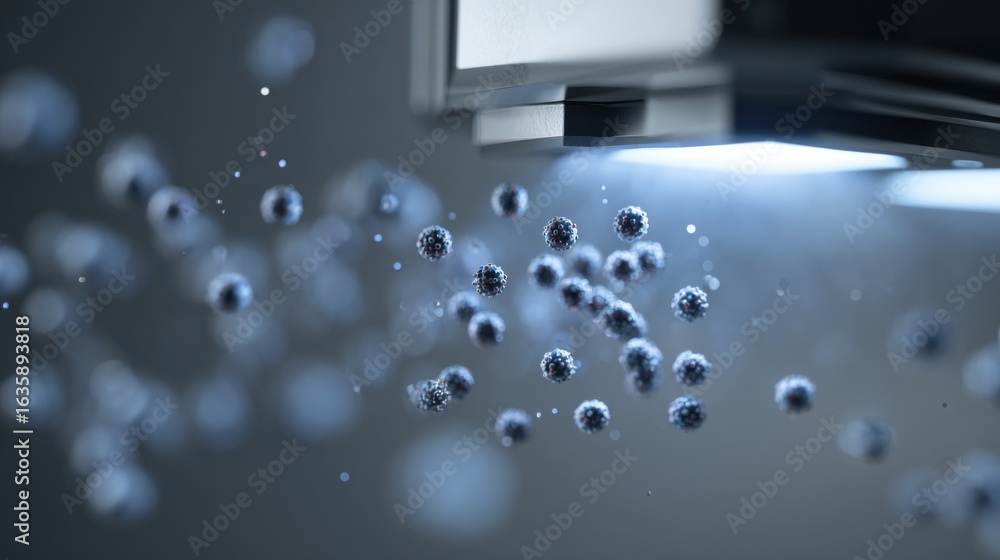 Poster medium shot featuring a focused cluster of airborne nanosensors floating from an aerosol delivery sy