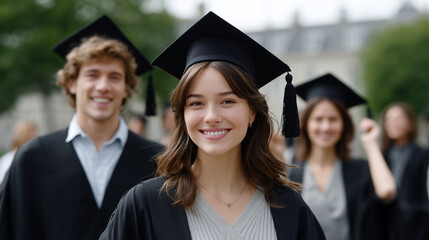 Fototapeta premium Joyful graduates in black caps celebrating their academic success.