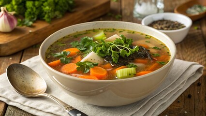 Homemade bone broth soup with vibrant vegetables and fresh herbs capturing the essence of hearty comfort food