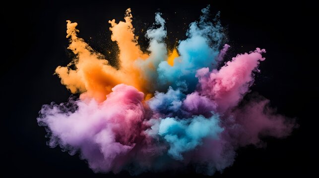 Ethereal explosion of vibrant colored smoke against a stark blac