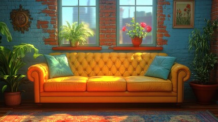 Sunny loft apartment living room with yellow sofa