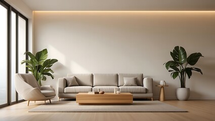 Modern Living Room Interior Design with Neutral Colors and Natural Light Creating a Serene and Minimalist Space with Comfortable Furniture and Green Plants