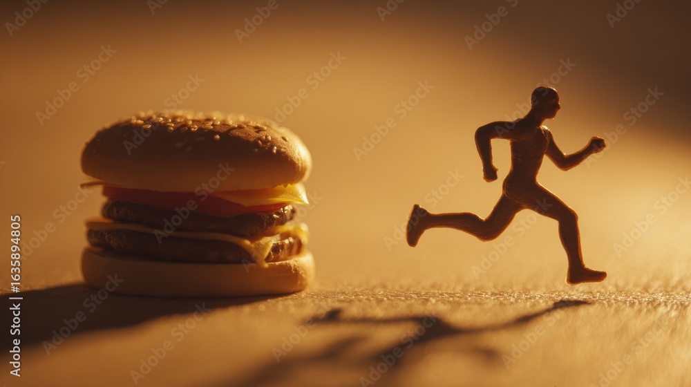 Poster focused midframe jogger casting a shadow transforming into outoffocus burger and fries symbolizing t