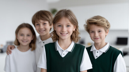 Joyful schoolchildren in uniform enjoying classroom activities