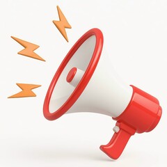Red and white megaphone with orange lightning bolts on a white background