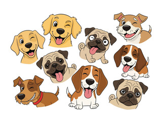 Smiling Puppy Portraits: A delightful collection of illustrated puppy portraits showcases various breeds, each radiating happiness and playful charm.