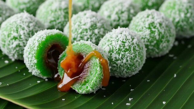 Delicious green glutinous rice balls with a sweet palm sugar filling and shredded coconut