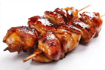 Grilled chicken on skewers isolated on white background, Selective focus grilled meat on skewers on charcoal grilled.