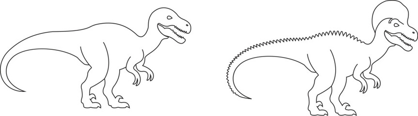 Dinosaur icon set, black vector collection of prehistoric reptile group in line style T-Rex raptor cartoon dino ancient animal silhouette and outline fossil isolated on transparent background © WaQar