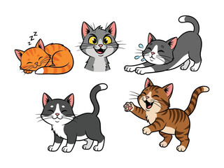 Cute Cartoon Cats: A charming illustration showcasing a variety of adorable cartoon cats in various poses, exuding a sense of playful and endearing simplicity. 