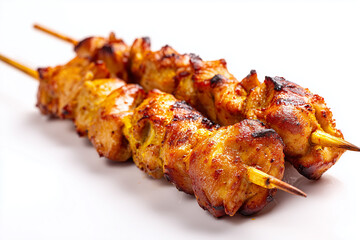 Grilled chicken on skewers isolated on white background, Selective focus grilled meat on skewers on charcoal grilled.