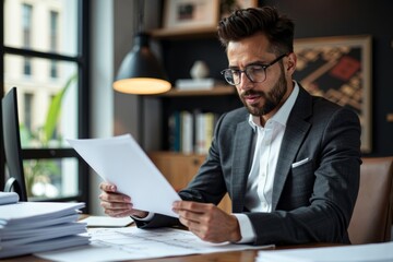 Lawyer in Chic Office Reviewing Real Estate Documents and Blueprints for Luxury Apartment Building Project