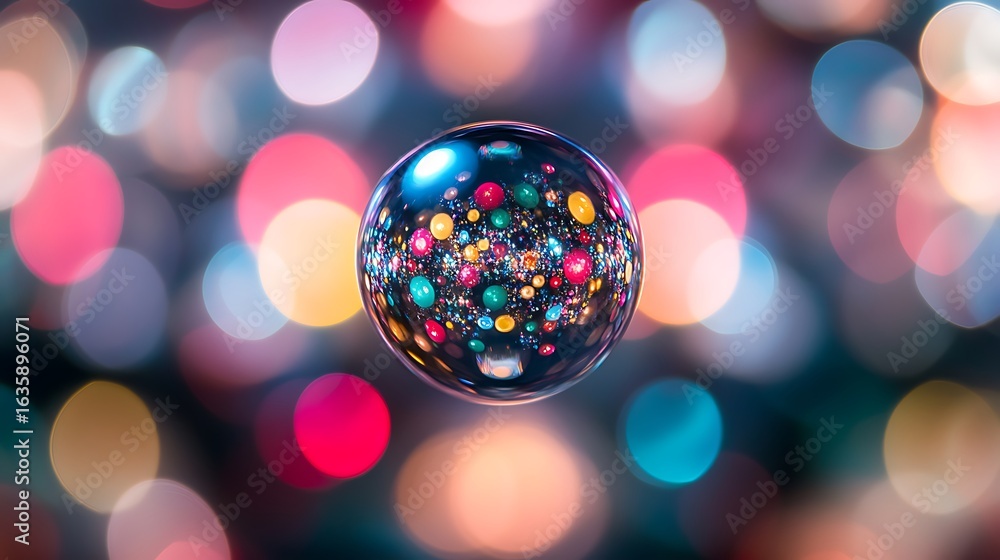 Poster Kaleidoscopic bokeh effect with multicolored orbs swirling in a symmetrical pattern 