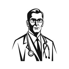 Monochrome Illustration of a Professional Doctor with Stethoscope and Glasses Vector Design
