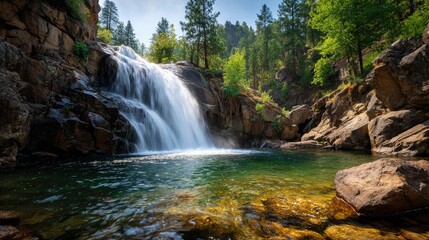 Obraz premium Picturesque waterfall cascading into a tranquil pool nestled amongst lush greenery.