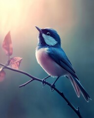 Obraz premium Small Bird with Blue Plumage Perched on Branch Looking Upward